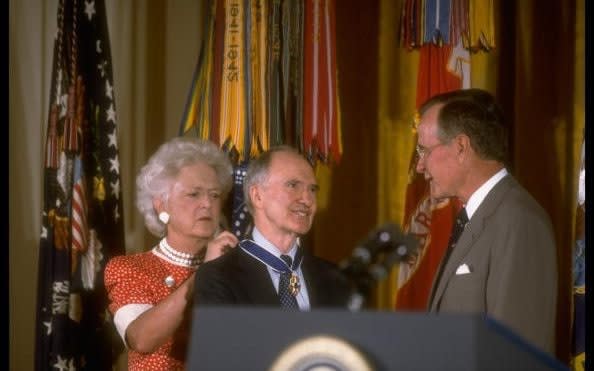 With Barbara and George Bush in 1991 receiving the US Medal of Freedom - Terry Ashe/The LIFE Images Collection via Getty Images/Getty Images