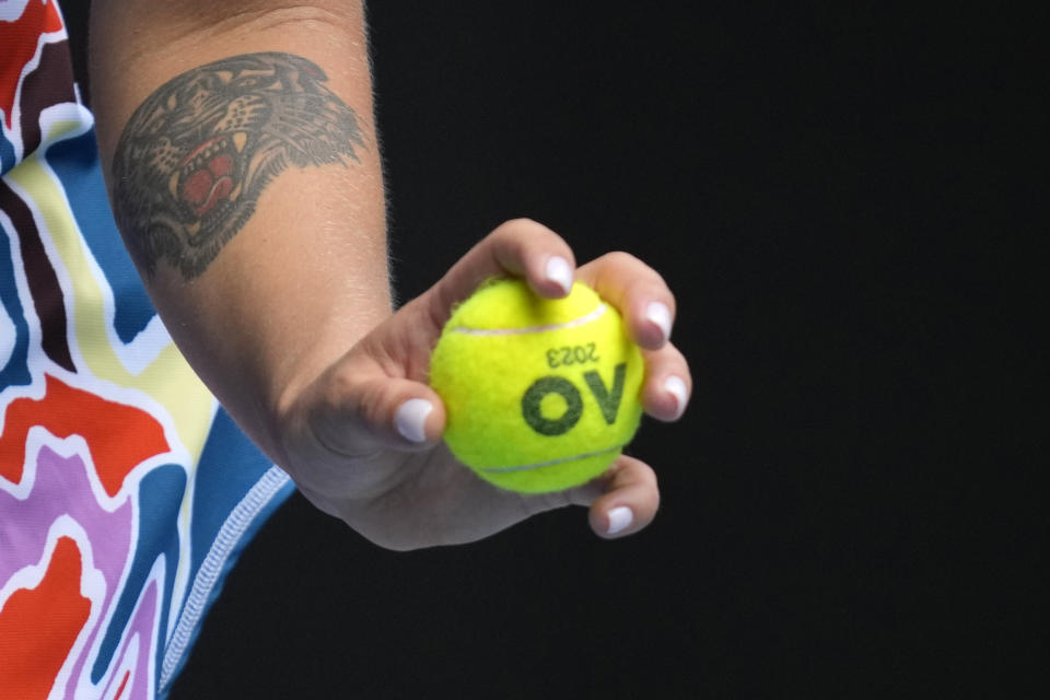 Aryna Sabalenka of Belarus serves to Shelby Rogers of the U.S. during their second round match at the Australian Open tennis championship in Melbourne, Australia, Thursday, Jan. 19, 2023. (AP Photo/Dita Alangkara)