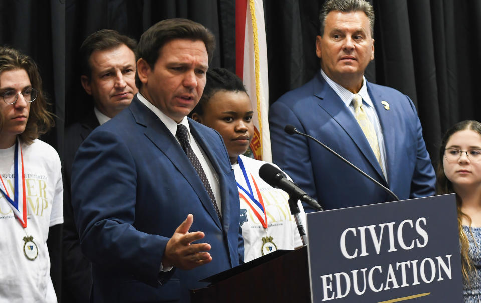 Gov. Ron DeSantis speaks at a press conference to discuss Florida's civics education initiative of unbiased history teachings at Crooms Academy of Information Technology in Sanford, FL, 6/30/22. (Photo by Paul Hennessy/SOPA Images/LightRocket via Getty Images)