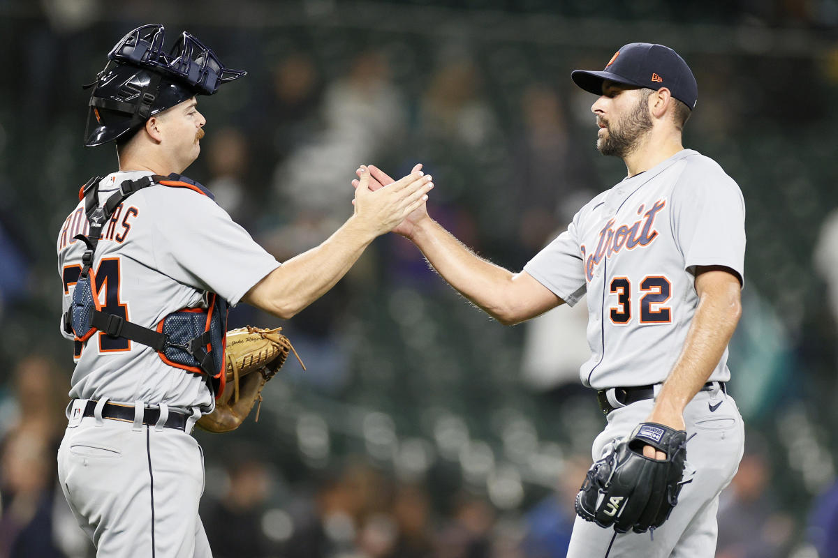 Detroit Tigers' Michael Fulmer reacts to dominance out of the bullpen