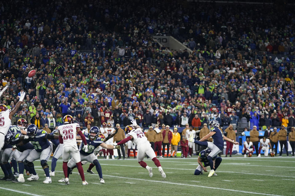 Seattle Seahawks place-kicker Jason Myers (5) kicks a field goal in the second half of an NFL football game against the Washington Commanders in Seattle, Sunday, Nov. 12, 2023. (AP Photo/Lindsey Wasson)