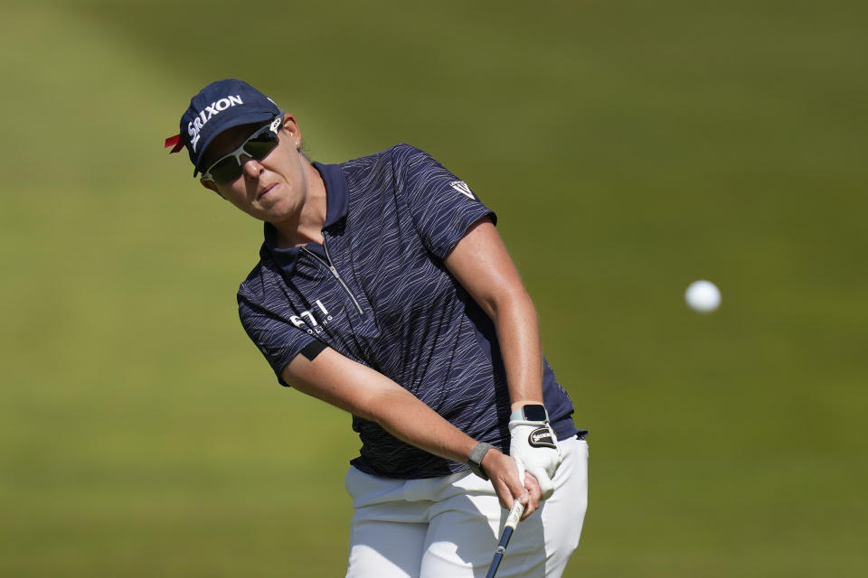 Ashleigh Buhai, of South Africa, hits a shot on the fifth hole during the final round of the LPGA Cognizant Founders Cup golf tournament, Sunday, May 14, 2023, in Clifton, N.J. (AP Photo/Seth Wenig)