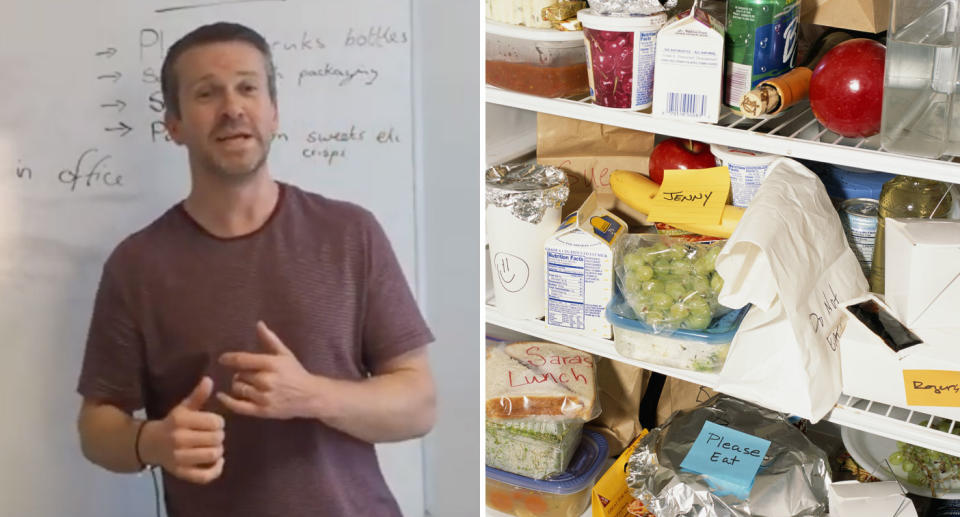 Intelligent Hand Dryer founder Andrew Cameron phased in the plastic ban last month after growing increasingly more frustrated at waste piling up in office bins. He is pictured on the left and on the right is a stock image of a fridge full of food. 