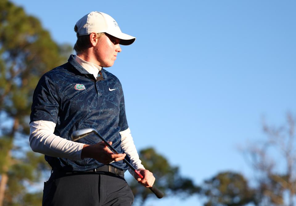 University of Florida junior Ian Gilligan watches his shot during the Sea Best Invitational on Monday at TPC Sawgrass Dye's Valley. Gilligan leads by two over teammate Tyler Wilkes, Nick Gabrelcik of the University of North Florida and Niilo Maki-Petaja of Louisiana Tech.