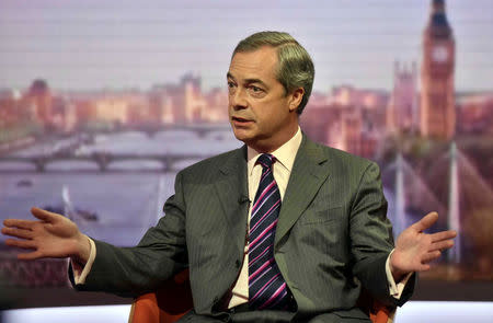 UKIP leader Nigel Farage is seen speaking on the BBC's Andrew Marr Show inLondon, Britain on May 1, 2016. Jeff Overs/Courtesy of BBC/Handout via REUTERS.