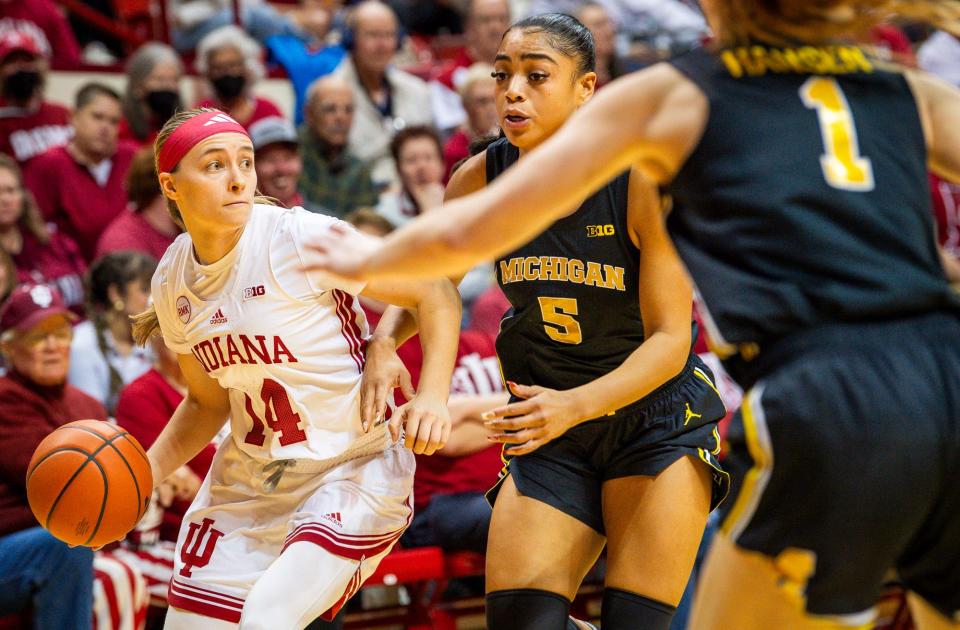Indiana's Sara Scalia (14) passes during the second half of the Indiana versus Michigan women's basketball game on Thursday, Jan. 4, 2024.