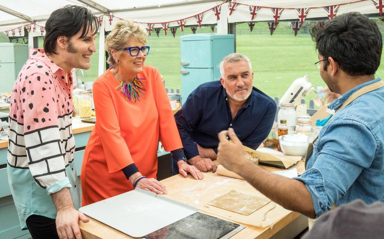 Noel Fielding, Prue Leith, Paul Hollywood and contestant Rahul on the new series of Bake Off - PA