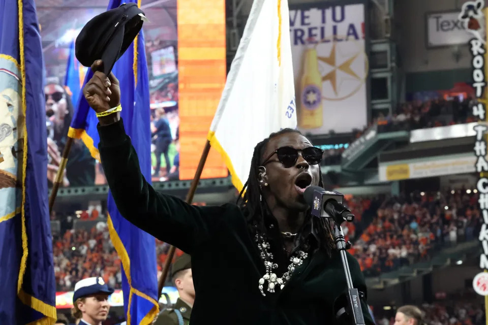 HOUSTON, TX - OCTOBER 28:  Eric Burton sings the national anthem prior to Game 1 of the 2022 World Series between the Philadelphia Phillies and the Houston Astros at Minute Maid Park on Friday, October 28, 2022 in Houston, Texas. (Photo by Mary DeCicco/MLB Photos via Getty Images)