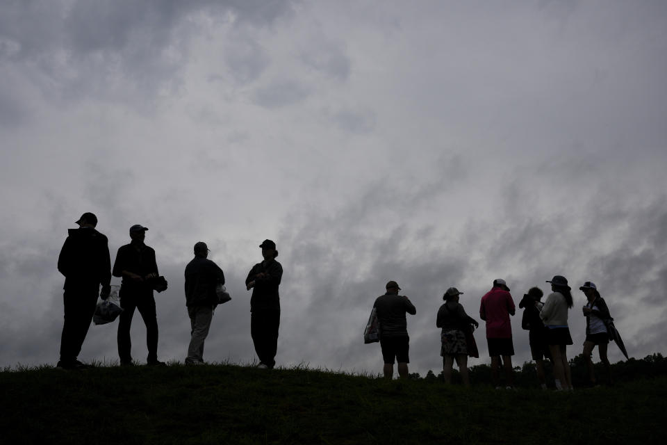 Fans watch on the seventh hole during a practice round for the PGA Championship golf tournament at the Valhalla Golf Club, Tuesday, May 14, 2024, in Louisville, Ky. (AP Photo/Jeff Roberson)