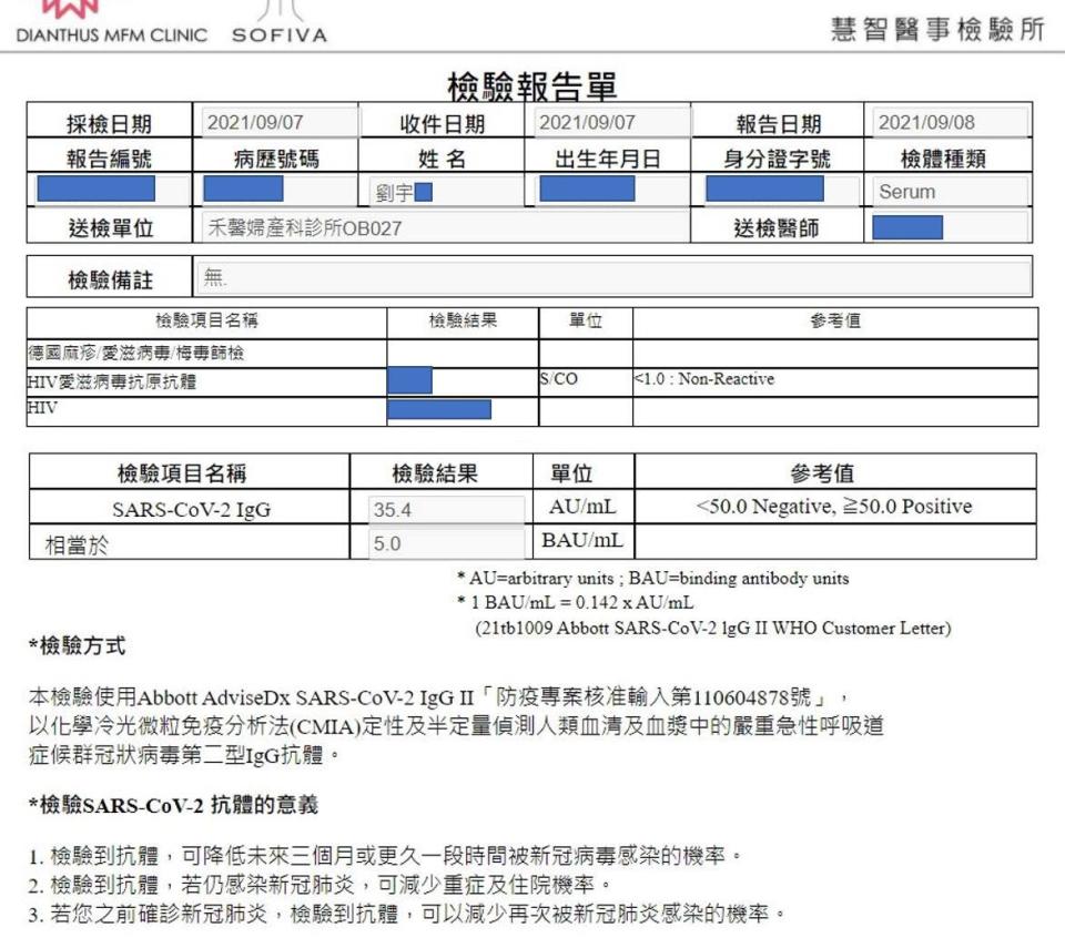 劉宇接種後的抗體濃度過低。（圖／翻攝劉宇臉書）