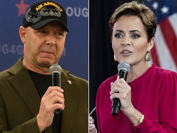 Republican nominee for Governor Doug Mastriano speaks to supporters during a campaign rally, Nov. 2, 2022, in Pittsburgh, Pa. Arizona Republican gubernatorial candidate Kari Lake greets supporters at a campaign rally, Nov. 7, 2022, in Phoenix. (Getty Images)