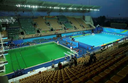 2016 Rio Olympics - Diving - Maria Lenk Aquatics Centre - Rio de Janeiro, Brazil - 09/08/2016. General view of the Olympic diving pool (L) and the pool for the waterpolo and synchronized swimming (R) this afternoon. REUTERS/Antonio Bronic TPX IMAGES OF THE DAY