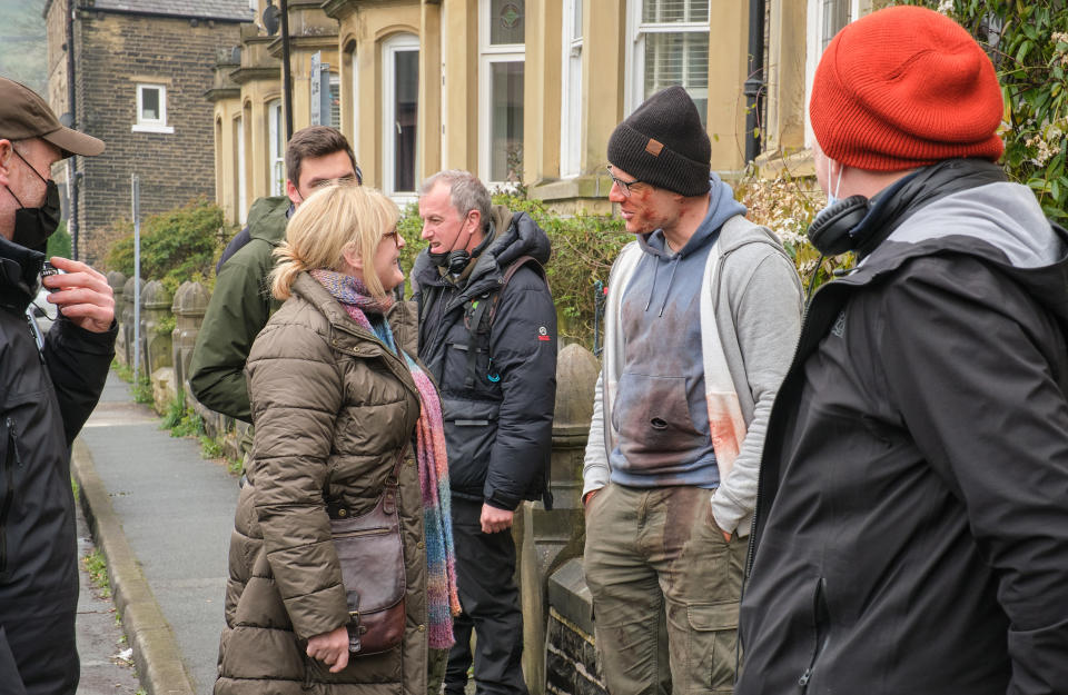 Sarah Lancashire and James Norton take a break in filming. (BBC)