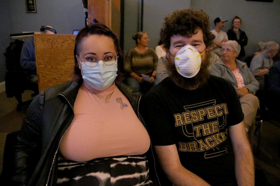 Haley Brown, left, and Derek Berndt, attending a Rochester City Council meeting Tuesday, Sept.  6, 2022, spoke against a proposed book ban targeting LGBTQ+ titles.