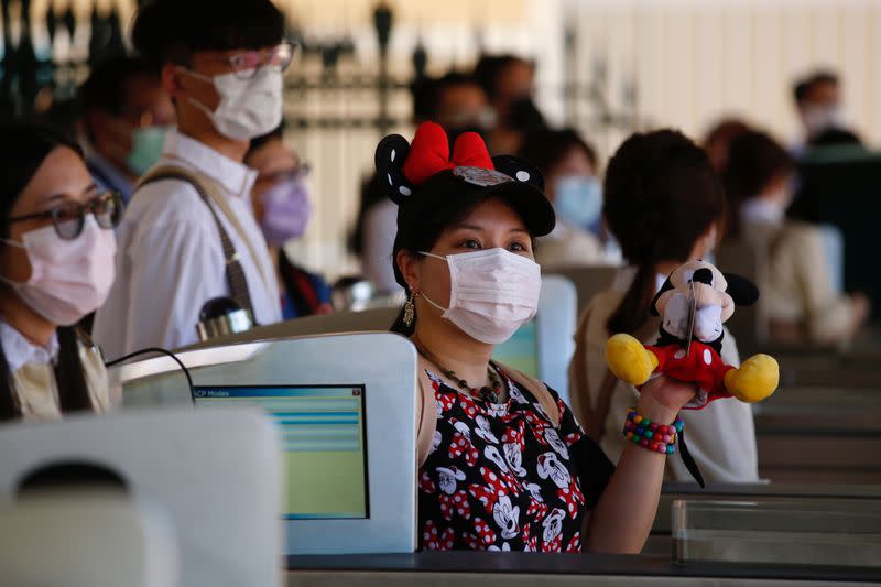 Social distance at Disneyland after it reopened following a shutdown due to the coronavirus disease (COVID-19) in Hong Kong
