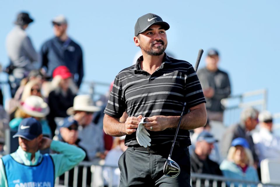 Jason Day prepares to tee off on the first tee during the final round of The American Express at PGA West in La Quinta, Calif., on Sunday, Jan. 22, 2023. 