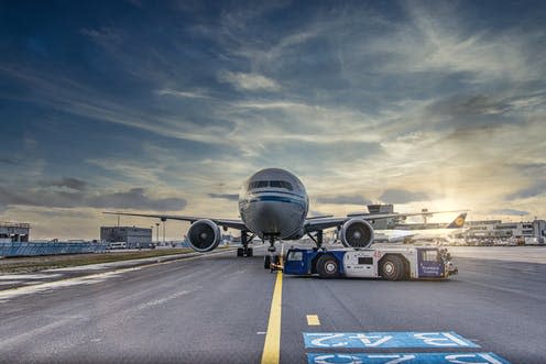 <span class="caption">Lightening aeroplanes' loads helps to reduce their emissions.</span> <span class="attribution"><a class="link rapid-noclick-resp" href="https://pixabay.com/photos/airplane-runway-airport-tarmac-4974678/" rel="nofollow noopener" target="_blank" data-ylk="slk:TobiasRehbein/Pixabay">TobiasRehbein/Pixabay</a></span>