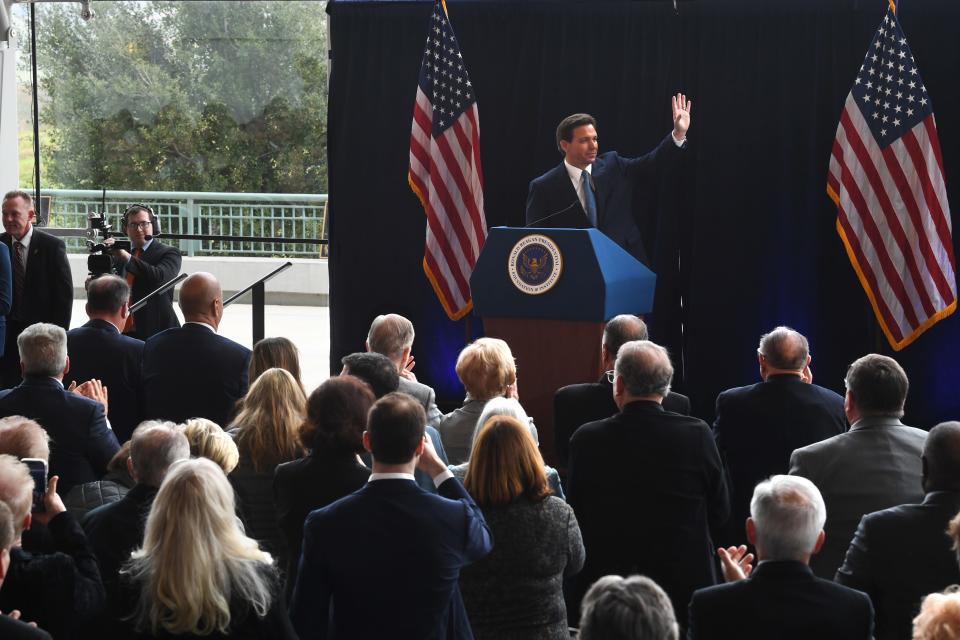 Florida Gov. Ron DeSantis waves to those in attendance in the Air Force One Pavilion of the Ronald Reagan Presidential Library on March 5. DeSantis will return to the library Wednesday for the presidential primary debate.