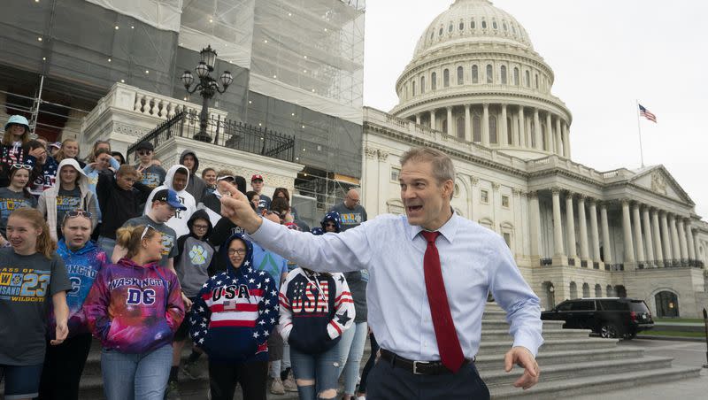 Rep. Jim Jordan, R-Ohio, greets eighth grade students and parents from Bath Middle School of Lima, Ohio, as rain begins to fall on Capitol Hill in Washington, Friday, May 10, 2019. Now the House Judiciary Committee chairman, the longtime Republican stalwart has emerged as a top contender to replace former House Speaker Kevin McCarthy, who was voted out of the job by a contingent of hard-right conservatives on Oct. 3, 2023.