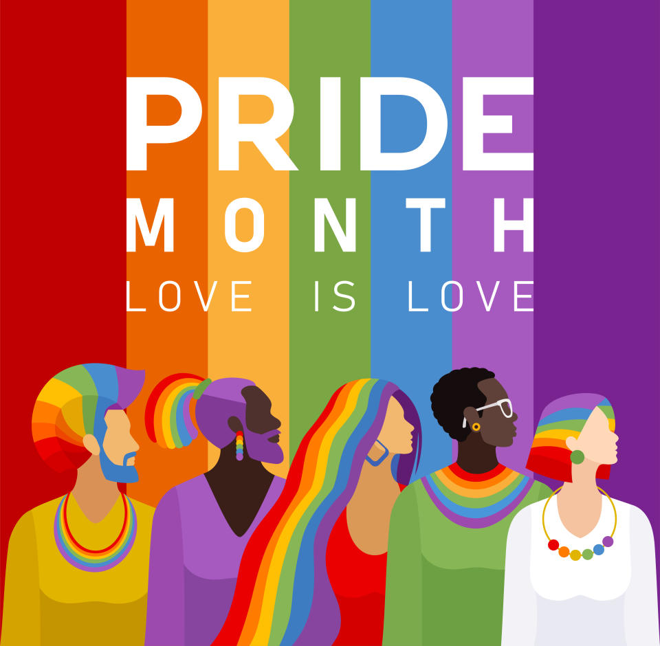 Illustration of diverse people with rainbow-themed hair and outfits, under the text "PRIDE MONTH: LOVE IS LOVE" on a rainbow-striped background