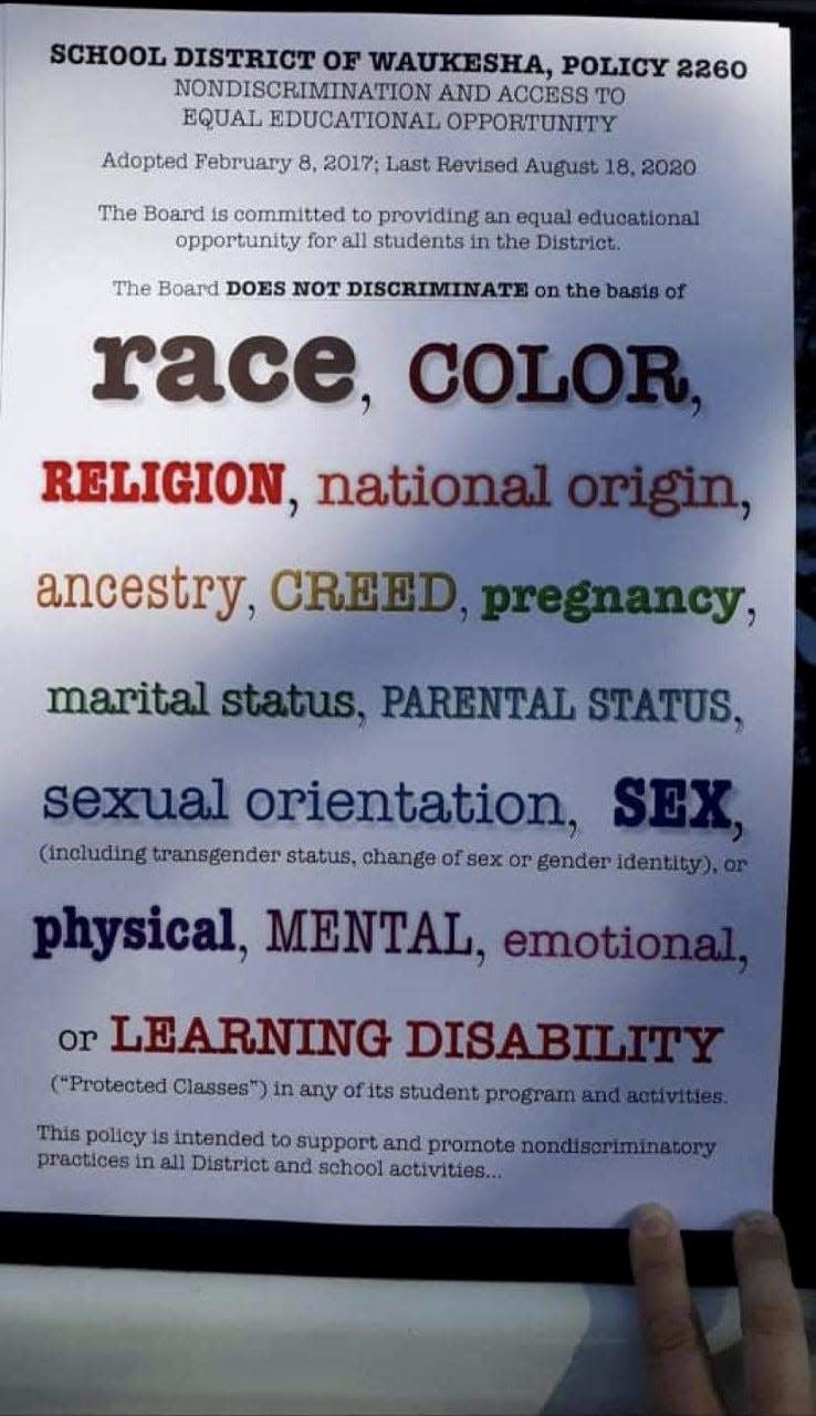 The Waukesha School District's ban on classroom signage considered too political forbids a colorful display of the district's own nondiscrimination policy, teachers say, because the reprint suggests a rainbow flag. This photo of the sign was provided in October 2021.