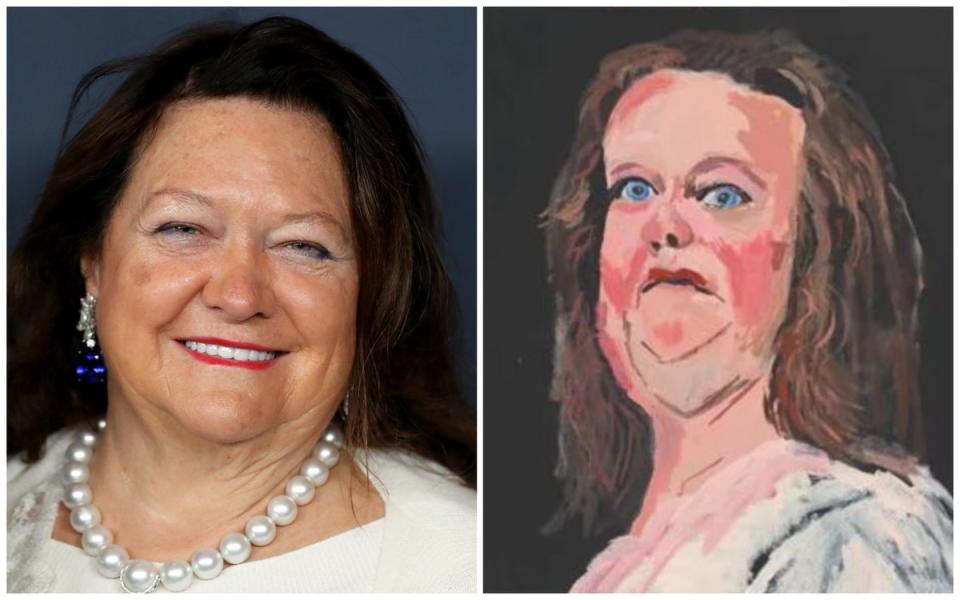 Gina Rinehart and her painting on display at the National Gallery of Australia (ES Composite)