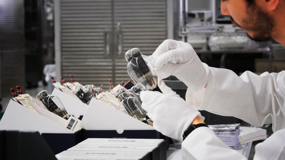 Western Electric 300B vacuum tubes being given a final inspection.