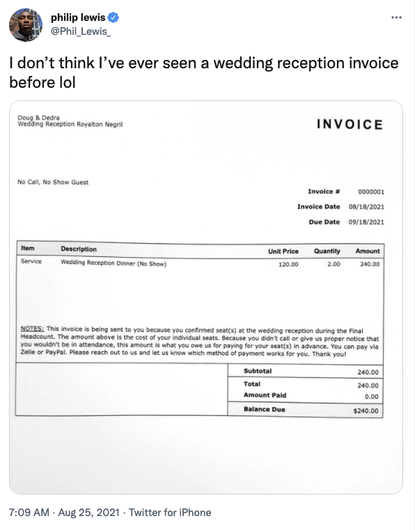 Tweet about bride and groom giving guest an invoice