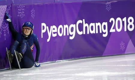 Short Track Speed Skating Events - Pyeongchang 2018 Winter Olympics - Women's 1000m Competition - Gangneung Ice Arena - Gangneung, South Korea - February 20, 2018 - Elise Christie of Britain reacts. REUTERS/Damir Sagolj
