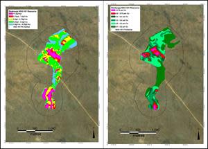 Surface projection of the Beskauga deposit showing the gold and the copper cut-offs. Also shown is the outline of the Lerch-Grossman conceptual pit.