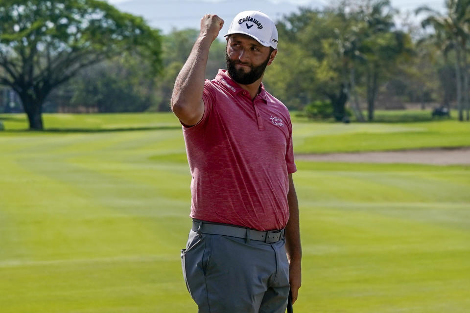 FILE - Jon Rahm, of Spain, celebrates after winning the Mexico Open at Vidanta, in Puerto Vallarta, Mexico, Sunday, May 1, 2022. Rahm is expected to compete in the U.S. Open in Brookline, Mass., to be played June 16-19.(AP Photo/Eduardo Verdugo, File)