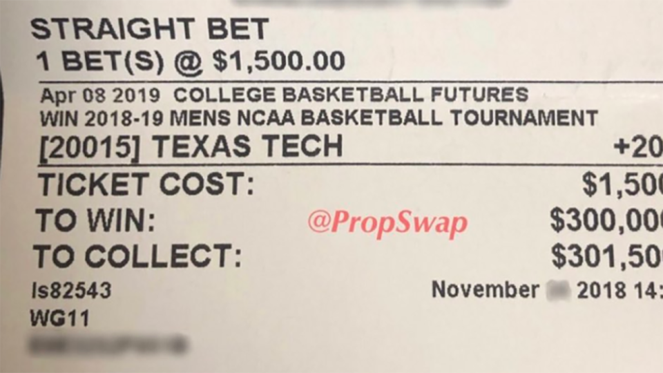 The betting ticket for one man’s $1500 wager on Texas Tech, which would have been worth $300,000 if it worked out. Picture: Twitter/@darrenrovell