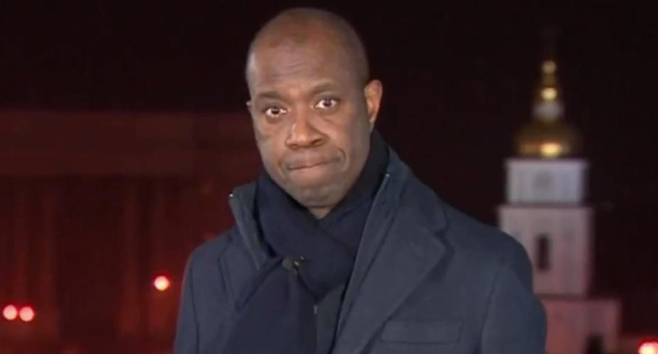 Clive Myrie appeared to shed a tear as he reported on the outbreak of war in Ukraine. 