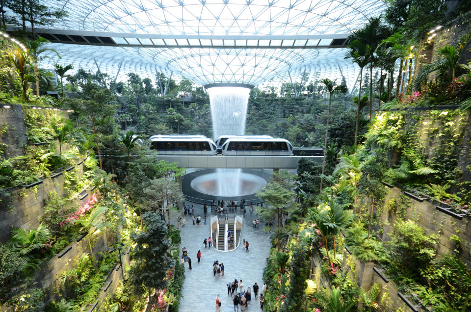 Singapore- 11 Apr, 2019: The Rain Vortex, a 40m-tall indoor waterfall located inside the Jewel Changi Airport in Singapore. Jewel Changi Airport is set to open on April 17, 2019.