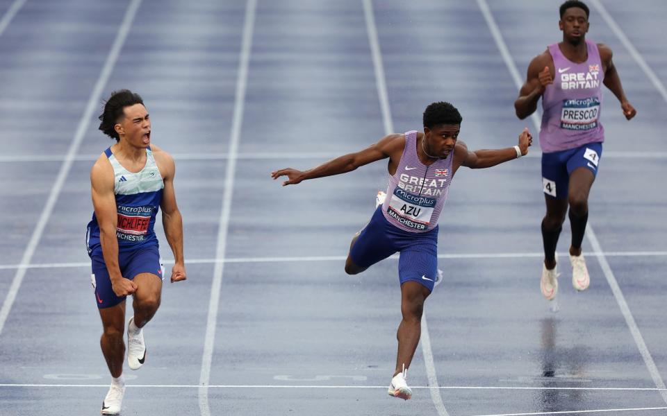 Louie Hinchliffe celebrates victory in the 100m final at the UK Athletics Championships at Manchester Regional Arena/Carl Lewis interview: I show students my old races when they get snarly