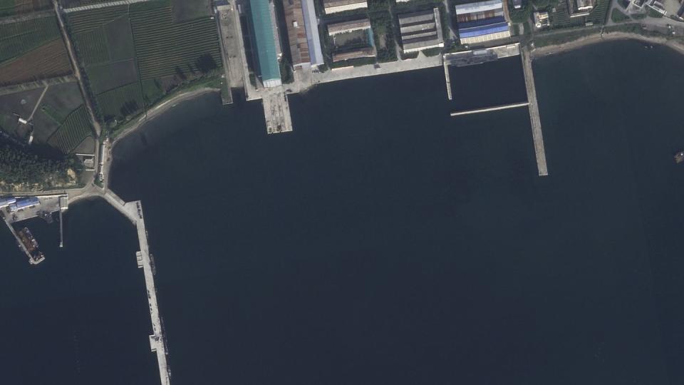 The North Korean port of Sinpo is seen Sept. 7, 2023, with a submarine in the lower left-hand corner. (Planet Labs PBC via AP)