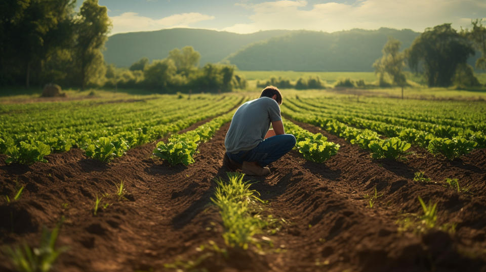 A farmer inspecting the health of soil in a green and lush field.