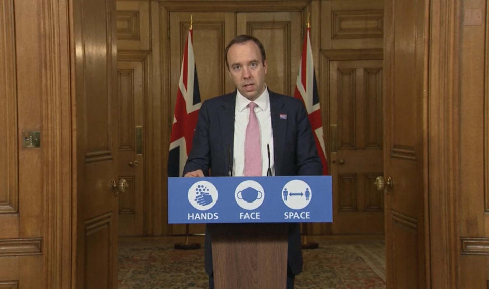 Health Secretary Matt Hancock during a media briefing in Downing Street, London, on coronavirus (COVID-19).