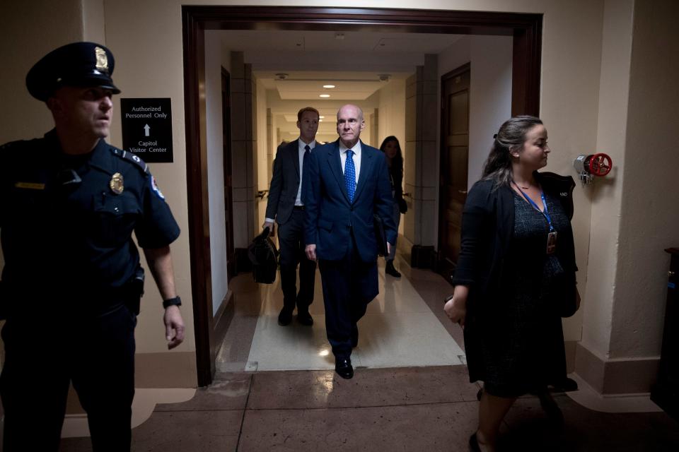 Michael McKinley, a former top aide to Secretary of State Mike Pompeo, leaves Capitol Hill in Washington, Oct. 16, 2019, after testifying before congressional lawmakers as part of the House impeachment inquiry into President Donald Trump.