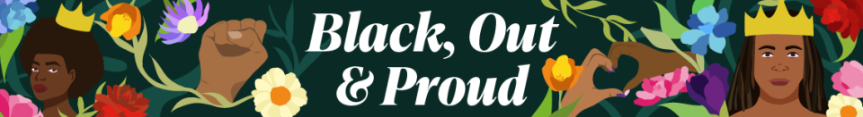 Graphic banner with text 'Black Out & Proud' flanked by illustrated faces and tropical flowers
