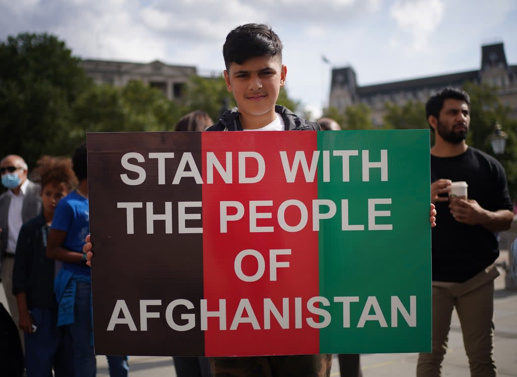 People at an Afghan solidarity rally in Trafalgar Square, London, to oppose the Taliban and show that Britain stands with Afghanistan and supports the resistance to the Taliban. (Yui Mok/PA) (PA Wire)