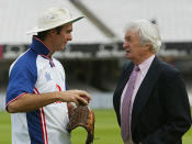 2004: Benaud chats with England skipper Michael Vaughan at Lord's.