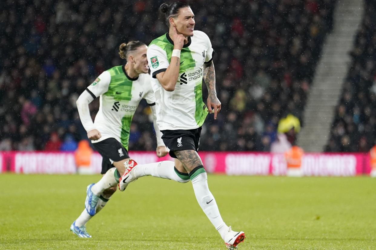 Darwin Nunez’s last goal for Liverpool was in the Carabao Cup (PA Wire)