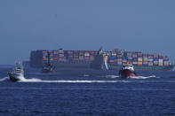 This Oct. 19, 2021 photo shows heavy maritime traffic in front of the MSC DANIT ship, left, anchored outside the Port of Los Angeles. Federal investigators have said they believe a 1,200-foot (366-meter) cargo ship dragging anchor in rough seas caught the pipeline operated by Houston-based Amplify Energy and pulled it across the seafloor early this year. They have not determined whether impact with the Panama-registered MSC DANIT caused this spill or if the line was hit by something else or failed due to a preexisting problem. (AP Photo/Damian Dovarganes)