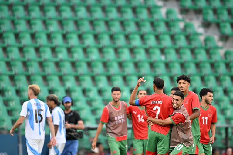 El festejo de los marroquíes ante la Argentina, en la apertura del fútbol olímpico