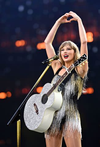 <p>Gareth Cattermole/TAS24/Getty</p> Taylor Swift performs in London on Aug. 15, 2024