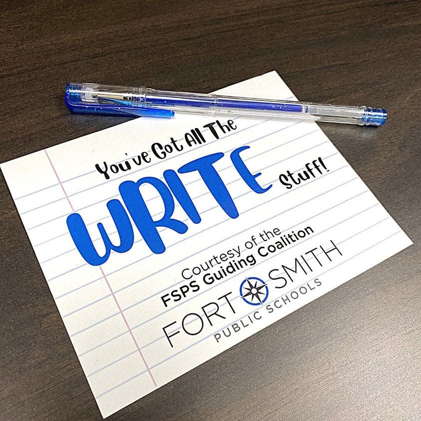FSPS captioned the photo "In celebration of Teacher Appreciation Week 2022, every FSPS teacher and staff member across the district will receive a pen with this note as a token of appreciation for all they do for our students."