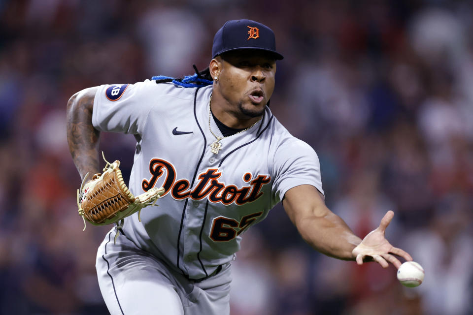 Detroit Tigers relief pitcher Gregory Soto throws out Cleveland Guardians' Steven Kwan at first base during the ninth inning of a baseball game Tuesday, Aug. 16, 2022, in Cleveland. (AP Photo/Ron Schwane)