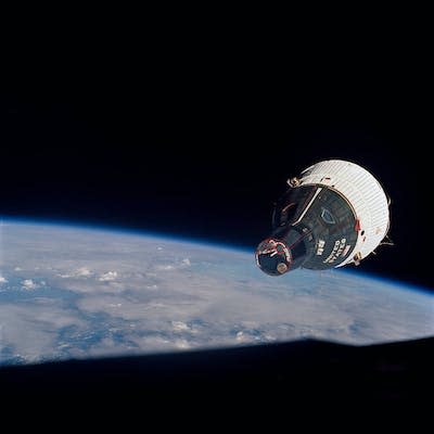 During the Gemini mission, two spacecrafts attempted the first-ever space rendezvous. This image, taken in the Gemini 6 craft, shows the Gemini 7 craft just 43 feet away. <a href="https://www.nasa.gov/image-feature/gemini-vii-and-gemini-vi-a-meet-at-last" rel="nofollow noopener" target="_blank" data-ylk="slk:NASA;elm:context_link;itc:0;sec:content-canvas" class="link ">NASA</a>