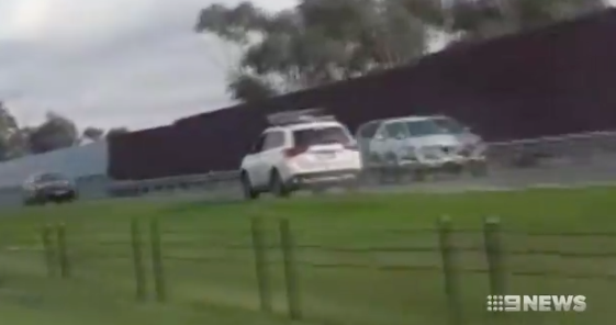 Footage taken by a witness of the allegedly stolen SUV driving in the wrong lane of a major Melbourne freeway. Source: 9News